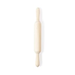 A wooden rolling pin with a smooth surface and decorative handles, featuring a light cream colour.
