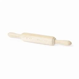 A rolling pin with a cream colour, featuring decorative patterns on the handles and body, and a logo on the side.