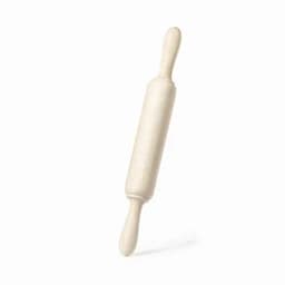 A wooden rolling pin in a light natural colour with rounded handles on both ends.