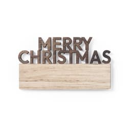 A wooden sign featuring the words "Merry Christmas" in bold letters, with a natural wood base.