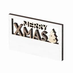 A decorative wooden sign featuring the words "MERRY XMAS" and a tree design, with a white background.