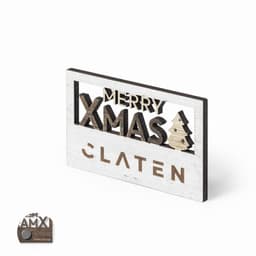 A decorative wooden sign featuring "Merry Xmas" and a tree design, with a white and brown finish.