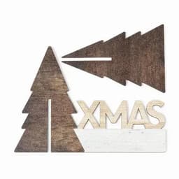 Wooden decorative piece featuring trees and the word "XMAS" in a rustic finish with brown and white colours.