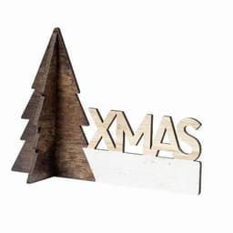 A wooden Christmas decoration featuring a tree and the word "XMAS" in a natural colour scheme.