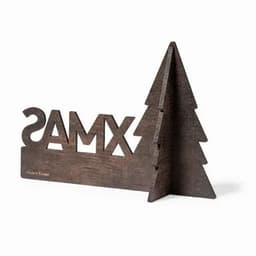 A decorative wooden stand with the letters "SAMX" and a tree design, finished in a dark brown colour.