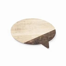 A speech bubble-shaped wooden coasters in light and dark wood tones with a natural finish.