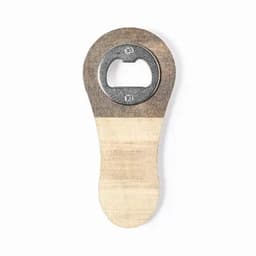 A wooden bottle opener with a metallic top and light wooden handle. It features a logo on the metal section.