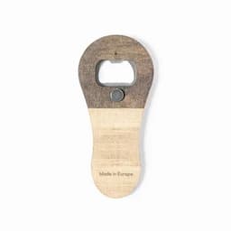 A bottle opener with a wooden finish, featuring a metal opening mechanism and a logo on the surface.