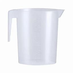 A transparent plastic measuring jug with a handle and measurement markings on the side.