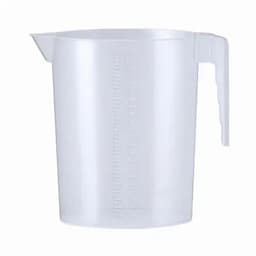 A transparent measuring jug with measurement markings on the side and a handle for easy pouring.