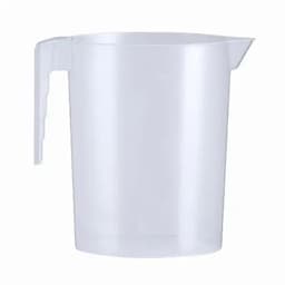 A transparent plastic measuring jug with a handle and a spout. Suitable for liquid measurements.