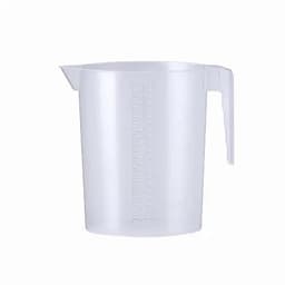 A clear plastic measuring jug with volume markings on the side and a spout for pouring.