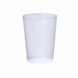 A clear plastic cup with a smooth, simple design, ideal for various beverages.