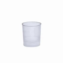 A transparent plastic cup with a simple design. It has a smooth surface and a round shape.