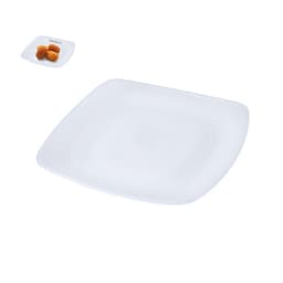 A set of two square white plates, one large and one small, with food placed on the smaller plate.