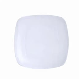 A square white plate with a smooth surface and rounded edges, featuring a minimalistic design and no decorations.