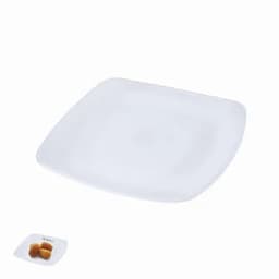 A large square white plate with a smaller white dish holding a piece of food. The smaller dish has a simple logo.