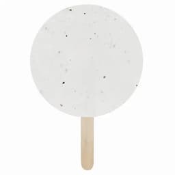 A round, white, textured fan with a wooden handle. It features a speckled surface and a simple design.
