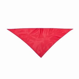 A red triangular fabric bandana with a smooth texture, featuring a logo in one corner.