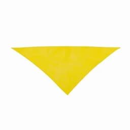 A triangular yellow promotional product with a smooth surface and a subtle texture, featuring a logo.
