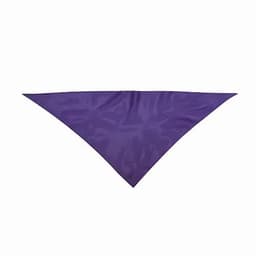 A purple triangular bandana made of smooth fabric, featuring a logo or branding.