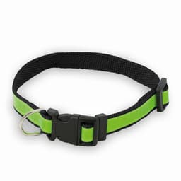 A pet collar featuring a black nylon strap with a vibrant green reflective strip and a secure plastic buckle.