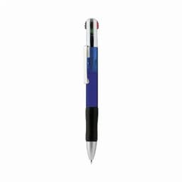 A pen featuring a blue barrel, silver accents, and a black grip, with a logo on the side.