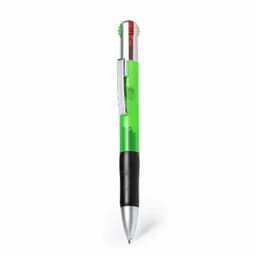A green and silver pen with a transparent barrel and a clip. The pen also features additional components inside.