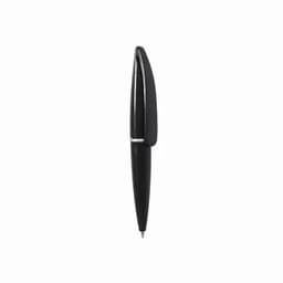 A black pen with a sleek design and a silver accent, featuring a clip on the cap.