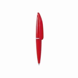 A red pen with a glossy finish and a retractable mechanism, featuring a silver band.