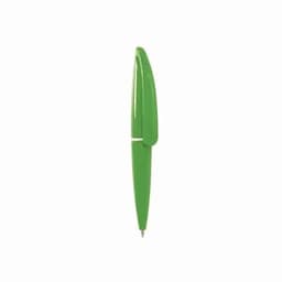 A green pen with a glossy finish and a retractable design, featuring a silver detailing.