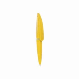 A yellow pen with a glossy finish and a clip on the side. It features a simple, sleek design.