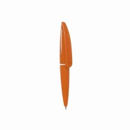 An orange pen with a sleek design, featuring a rounded cap and glossy finish. It includes a clip for attachment.