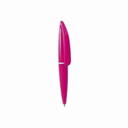 A pink pen with a sleek design and a silver band. It has a smooth, glossy finish and a pointed tip.