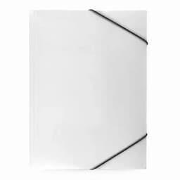A clear folder with black elastic bands across the corners, featuring a simple and minimalist design.