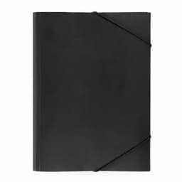 A black folder featuring an elastic closure, with a minimalist design and no visible branding.