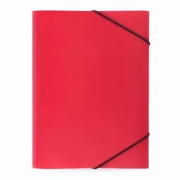 A red notebook secured with an elastic band, featuring a smooth finish and a simple design.