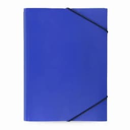 A blue folder with an elastic band closure and a smooth plastic finish. It features a simple design without visible branding.