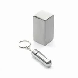 A silver keychain pill holder next to a plain white box. The pill holder has a cylindrical shape.