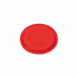 A red drink bottle lid with a smooth surface and a slight indentation for secure closure. It features a logo.