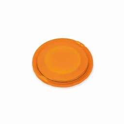 An orange drink bottle cap with a smooth surface and a circular shape, featuring a subtle logo.