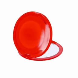 A red compact mirror with a shiny exterior and a reflective interior. It has a circular shape and a hinged opening.