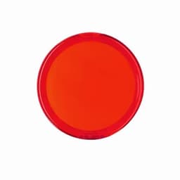 A red circular promotional product with a glossy finish. It features a logo in the centre.
