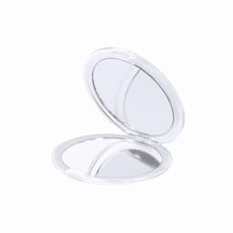 A compact mirror with a clear casing, featuring two reflective surfaces inside.