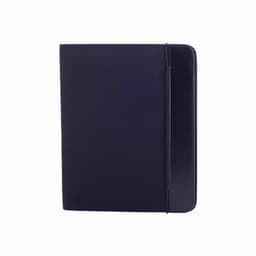 A dark blue folder with a sleek design, featuring an elastic closure and a smooth finish.