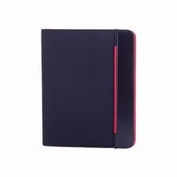 A notebook with a black cover and a red elastic band closure, featuring a simple, sleek design.