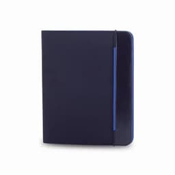 A navy blue notebook with a contrasting blue band, featuring a sleek cover design. It has a logo on the front.