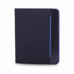 A navy blue folder with a blue accent and an elastic closure. The design includes branding on the front.