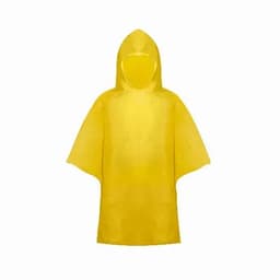 A yellow rain poncho with a hood, featuring a simple, unembellished design. It has a loose fit for easy wear.