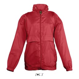 A red kids' rain coat made of 100% nylon, featuring a hood and water-repellent material. It has a logo at the bottom.